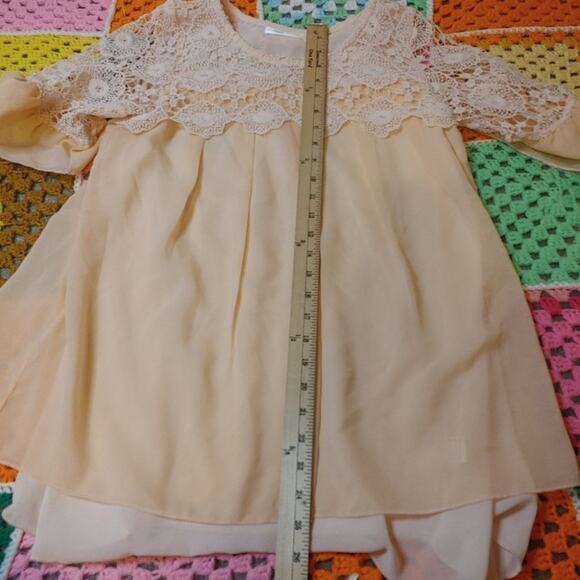 Simply Couture Pale Pink Blouse Size Medium M Lace Crocket Short Sleeve Sheer - Picture 5 of 15